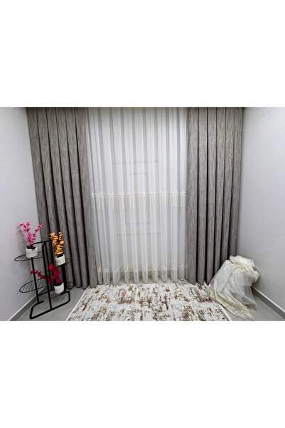 NİVEMESHOME 2571 V -117 Rei̇na Gold 1/3 Pleated Bamboo Tulle Curtain