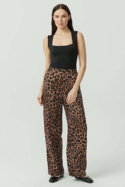 PAULMARK Women's Elastic Waist Leopard Patterned Satin Trousers