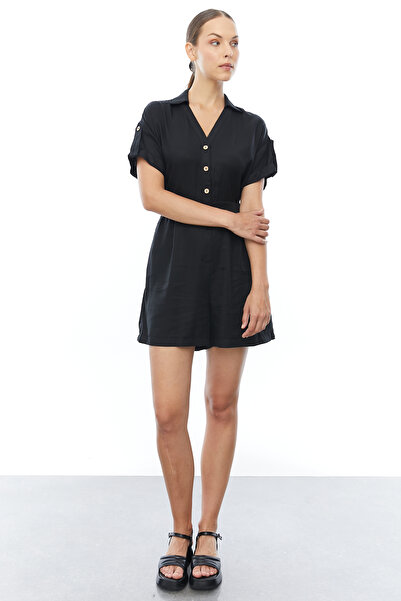 PAULMARK Women's V-Neck Elastic Waist Buttoned Mini Jumpsuit