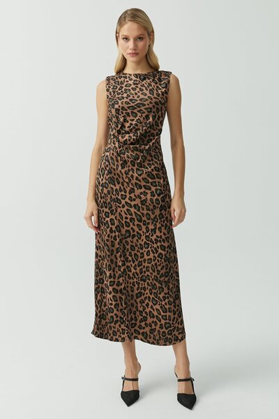 PAULMARK Women's Drape Detailed Leopard Pattern Satin Dress
