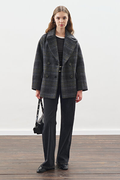 Manuka Plaid Patterned Wool Coat Anthracite