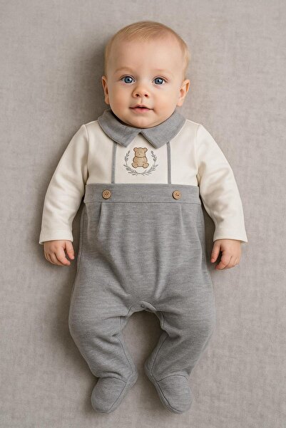 RAPAPA Baby Boy Gray Teddy Bear Embroidered Romper – Stylish Collar Detailed Cotton 128425