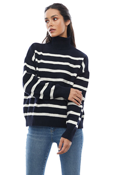 PAULMARK Γυναικείο πλεκτό πουλόβερ με ριγέ μισό ζιβάγκο