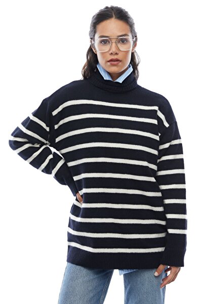 PAULMARK Γυναικείο πλεκτό πουλόβερ με ριγέ ολόσωμο ζιβάγκο