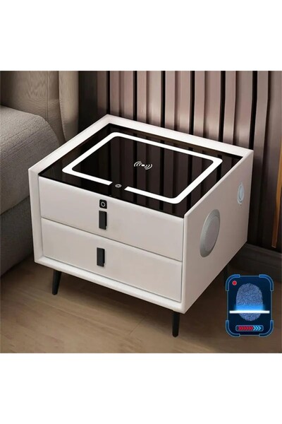 POWER Wooden bedside table with fingerprint lock drawer + USB port + three-color LED light