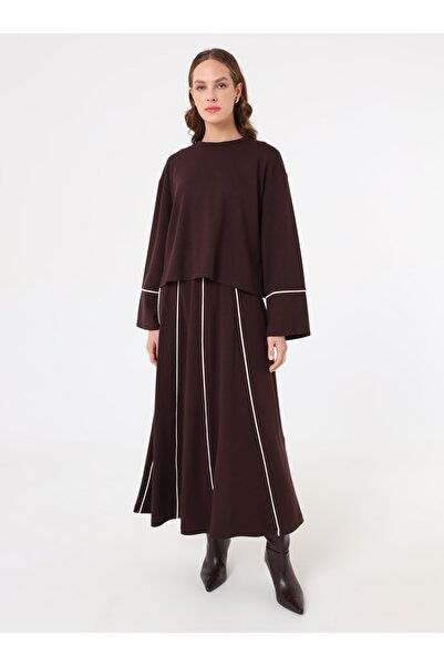 Benin Σετ μπλούζας και φούστας με αντίθεση ραφής με μαλακά κουμπιά - Καφέ -