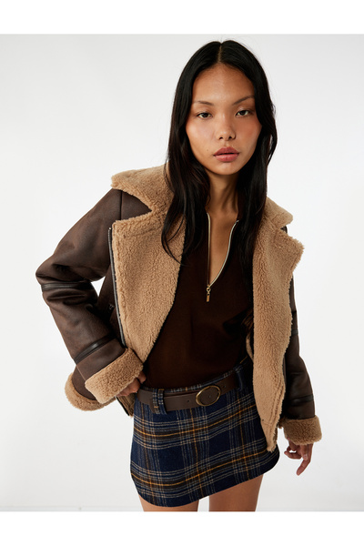 Koton Jachetă de motociclist aspect de piele cu buzunare și fermoar din blană artificială