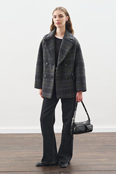 Manuka Plaid Patterned Wool Coat Anthracite