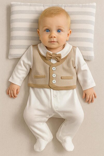 RAPAPA Baby Boy Beige Bow Tie Suit Look Romper – Stylish Vest Detailed Cotton 128665