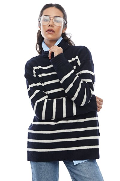 PAULMARK Γυναικείο πλεκτό πουλόβερ με ριγέ ολόσωμο ζιβάγκο
