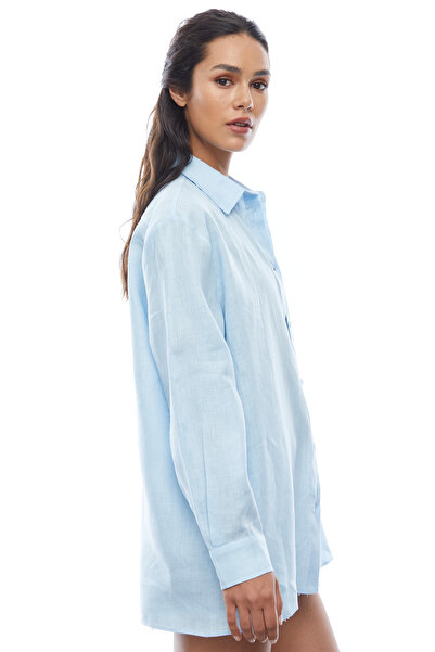 PAULMARK Γυναικείο λινό πουκάμισο με κουμπιά στο κάτω μέρος της φούστας