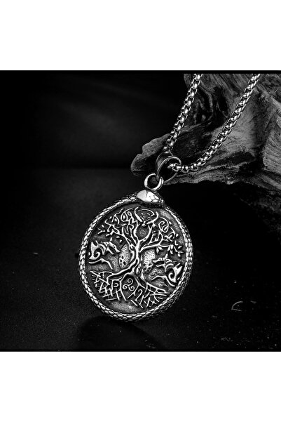 Viking İskandinav Mitolojisi Kuzgun Yaşam Ağacı S+ Kalite 316L Paslanmaz Kara...