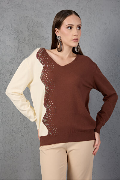 Moda Days Coffee-Ecru Two-Tone Stone Detailed V-Neck Knitwear Blouse