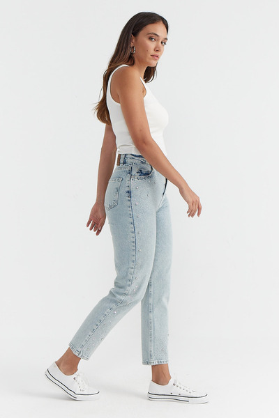 PAULMARK Pantaloni de damă talie înaltă Stone cu imprimeu Denim