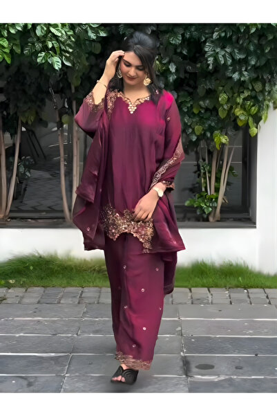 MYSMAR جيمي تشو أرجواني سلوار قميص ودوباتا حرير - HRT5337 | بنفسجي