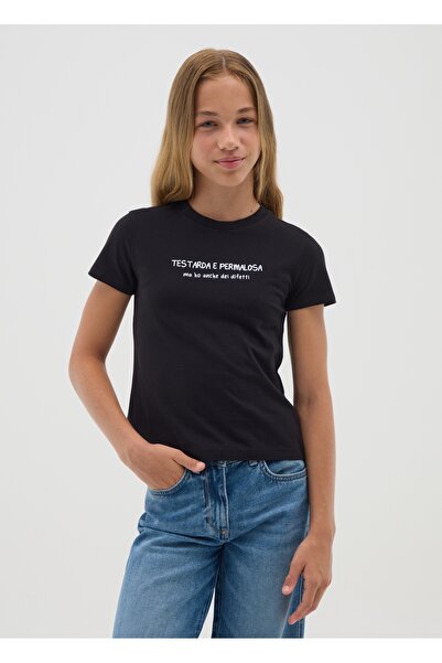 Ovs Girls' black pure cotton regular fit t-shirt with print