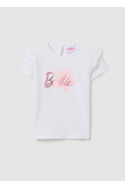 Ovs White cotton regular fit girls' T-shirt with Barbie logo