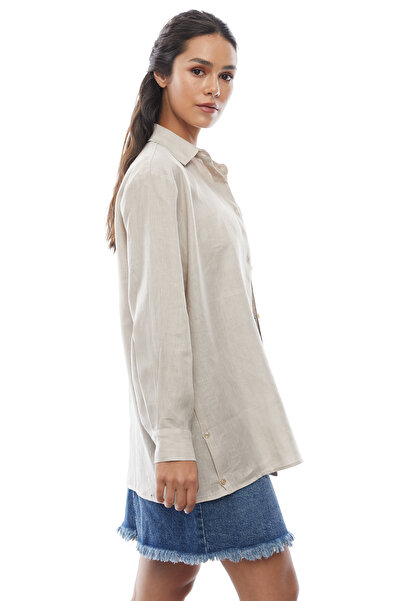 PAULMARK Γυναικείο λινό πουκάμισο με κουμπιά στο κάτω μέρος της φούστας