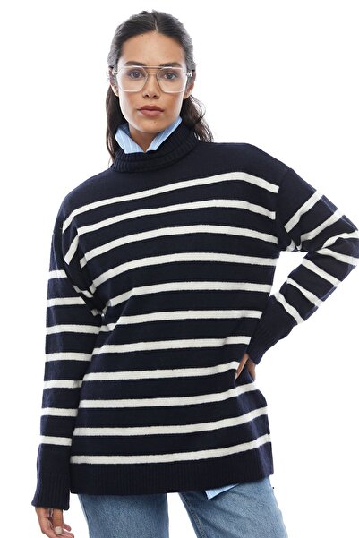 PAULMARK Γυναικείο πλεκτό πουλόβερ με ριγέ ολόσωμο ζιβάγκο