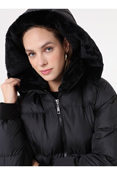 Refka Fur Detailed Hooded Long Puffer Coat - Black -