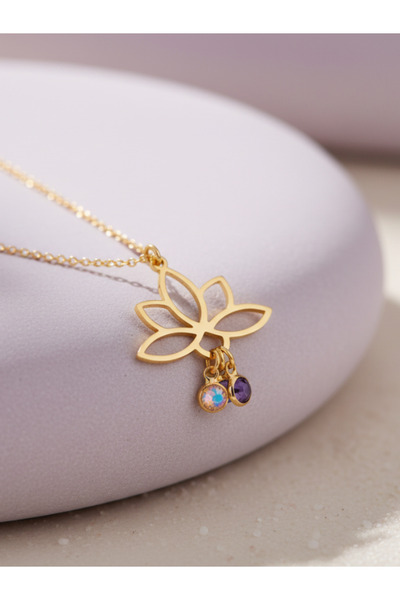 luvee 925 Ayar Sallantılı (Doğum) Taşlı Lotus Çiçeği Gümüş Kolye