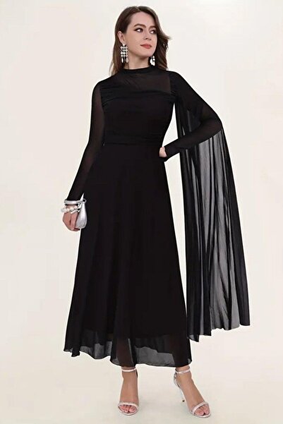 Mossta Turtleneck Tulle Detailed Long Sandy Dress - Black