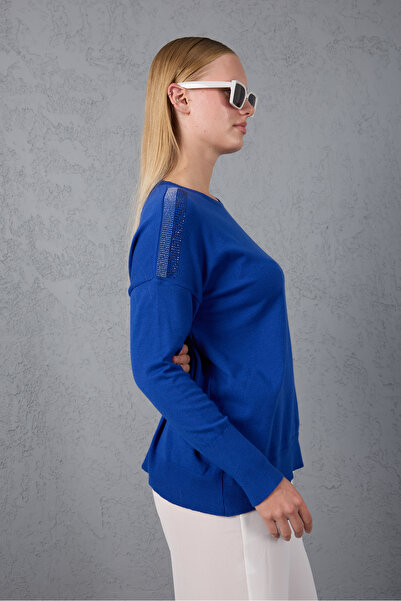 Clothes Fast Women's Cobalt Blue Shoulder Stone Detailed Wide Cuffed Crew Neck Knitwear Blouse