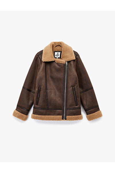 Koton Jachetă de motociclist aspect de piele cu buzunare și fermoar din blană artificială