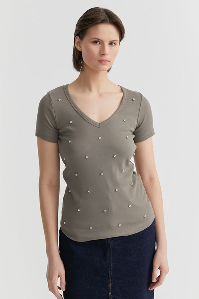 PAULMARK Short Sleeve Stone Detailed Blouse