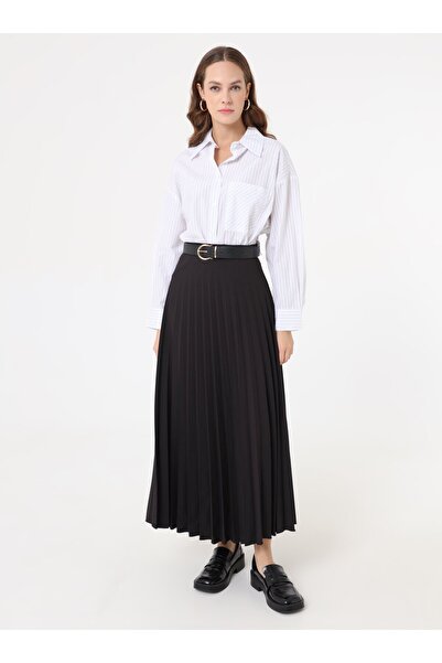 Refka Crepe Fabric Pleated Classic Skirt - Black -