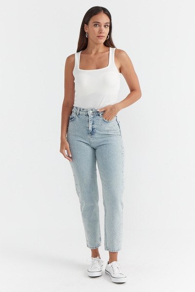 PAULMARK Pantaloni de damă talie înaltă Stone cu imprimeu Denim