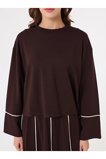 Benin Σετ μπλούζας και φούστας με αντίθεση ραφής με μαλακά κουμπιά - Καφέ -