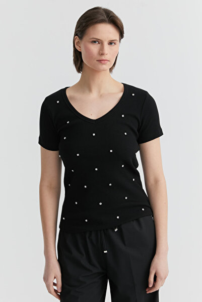 PAULMARK Short Sleeve Stone Detailed Blouse