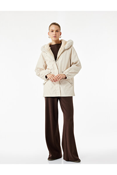Koton Hooded Anorak Coat with Fleece Lining, Pockets, Detachable Faux Fur Accessory Detail