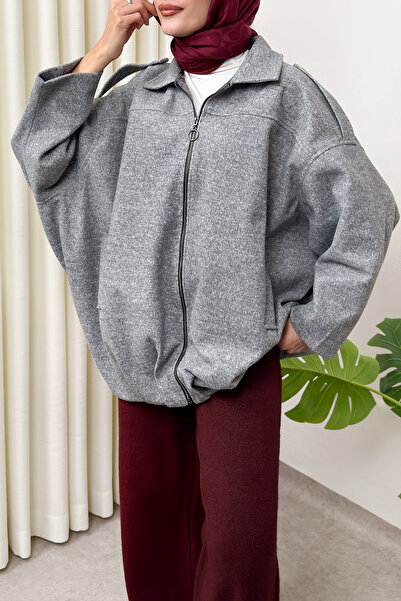 Salih Çelebi Palton supradimensionat cu fermoar 0037 - GRI