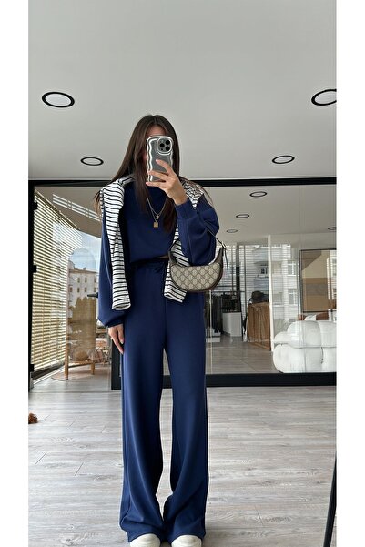 YAKAMEL طقم رياضي نسائي من المودال بخيطين وأكمام طويلة وساق واسعة