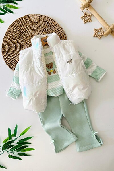 Minigimin Cicileri My Little One's Little Ones Inflatable Baby Girl Set of Vest Set with Bow Detail and Teddy Bear Pattern - Green