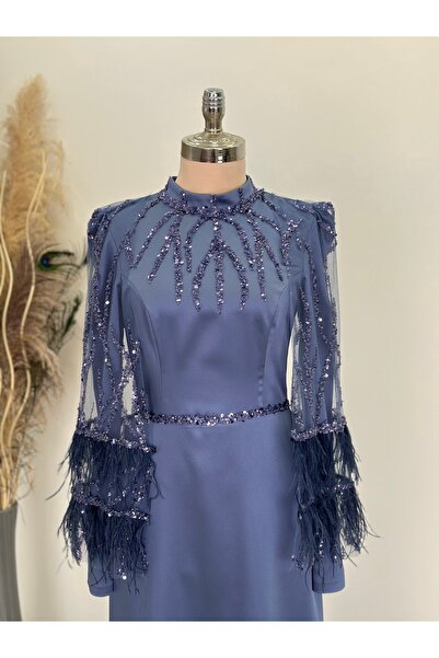 Rana Zenn İndigo Kolları Tüylü Pul Detay Saten Matmazel Abiye