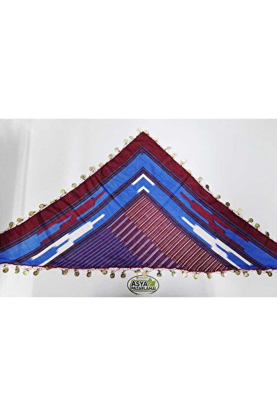 ASYA PAZARLAMA Black Sea Lira Burgundy Blue Writing, Triangle Writing, Cheesecloth, Keşan, Scarf, Shawl, Headband, Triangle Bandana