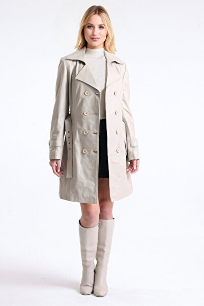 DERİJE Nicole Hakiki Deri Kadın Ekru Trençkot