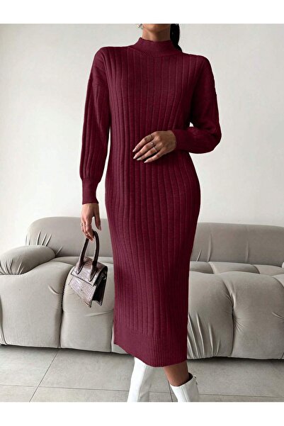 Sea Style Μακρύ πλεκτό φόρεμα με μισό ζιβάγκο και εφαρμοστή γραμμή