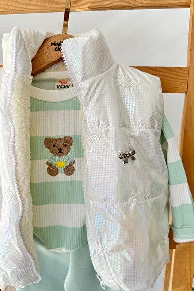 Minigimin Cicileri My Little One's Little Ones Inflatable Baby Girl Set of Vest Set with Bow Detail and Teddy Bear Pattern - Green
