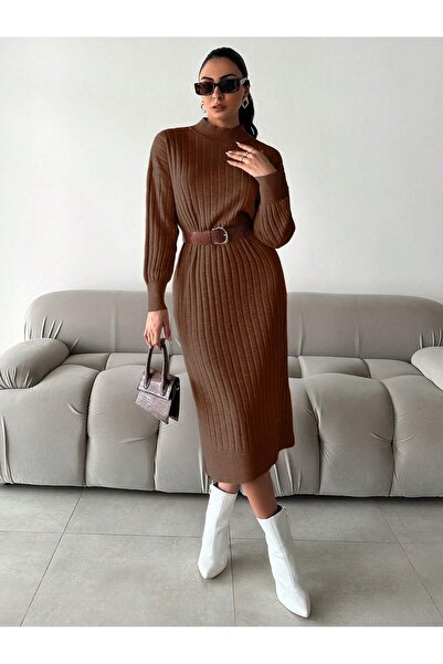 Sea Style Μακρύ πλεκτό φόρεμα με μισό ζιβάγκο και εφαρμοστή γραμμή