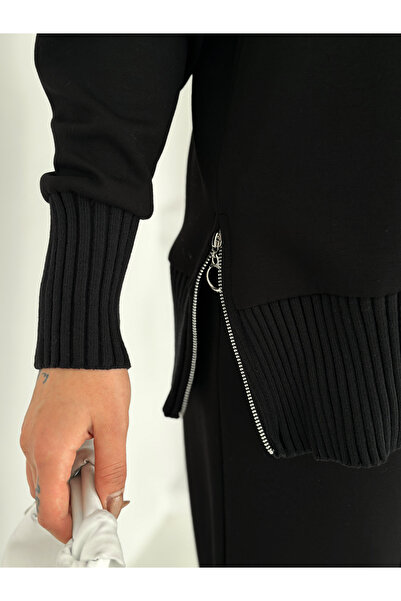 TheyYou ψηλός λαιμός Πλεκτό Μπλουζάκι με Λεπτομέρεια Πλεκτομηχανής και Πλαϊνό Φερμουάρ oversized Μαύρο – Μπλουζάκι με ψηλό λαιμό και πλεκτό διακοσμητικό στολισμό