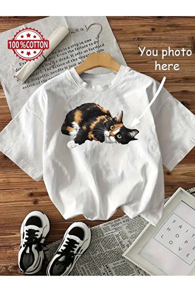 CLASİVA Modern Design Special Cute Cat Printed Unisex Oversized Crew Neck T-Shirt