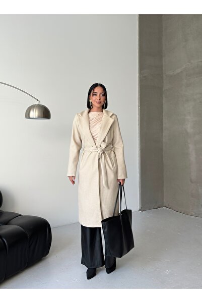 EFSUN MODA KADIN KUŞAKLI CEPLİ ASTARLI UZUN KAŞE KABAN [ TÜYLENMEZ ]