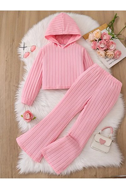 buendiakids Kız Çocuk Pembe Fitilli Kumaş Kapşonlu Sweatshirt İspanyol Paça P...