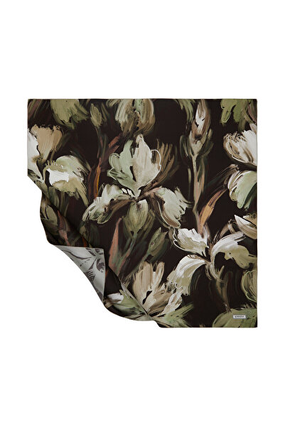 ipekevi Eșarfă de mătase Tivil cu flori de iris verde kaki