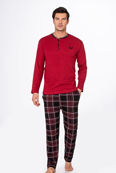 Kompedan Erkek Patlı Yaka Kareli Pamuklu Pijama Takımı | Bordo