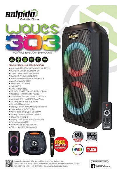 Salpido 60W Bluetooth Subwoofer Speaker, Remote Control, Wireless Microphone, 6Hours Play Time